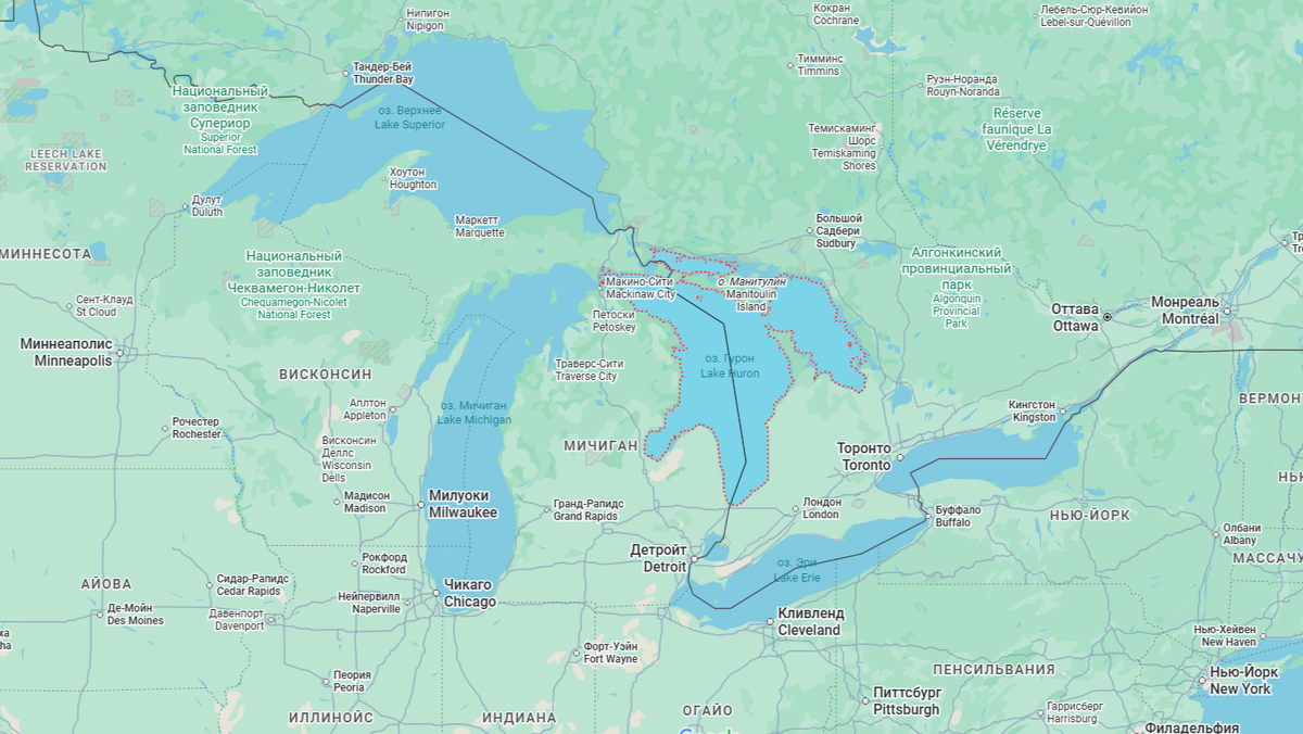 Великие озера на карте и озеро Гурон среди них. 
