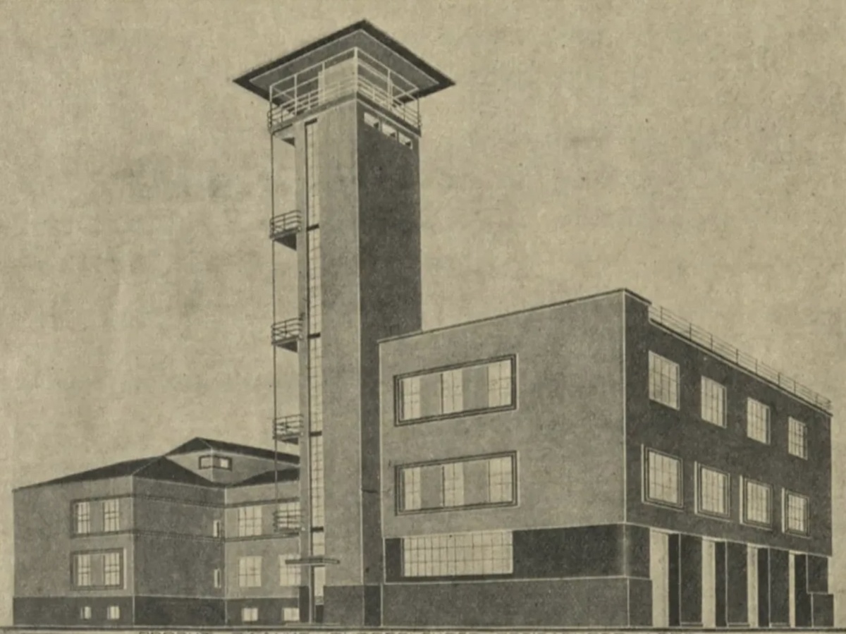 Проект пожарной части. Перспектива. Источник: журнал "Строительство Москвы", №11, 1927. 