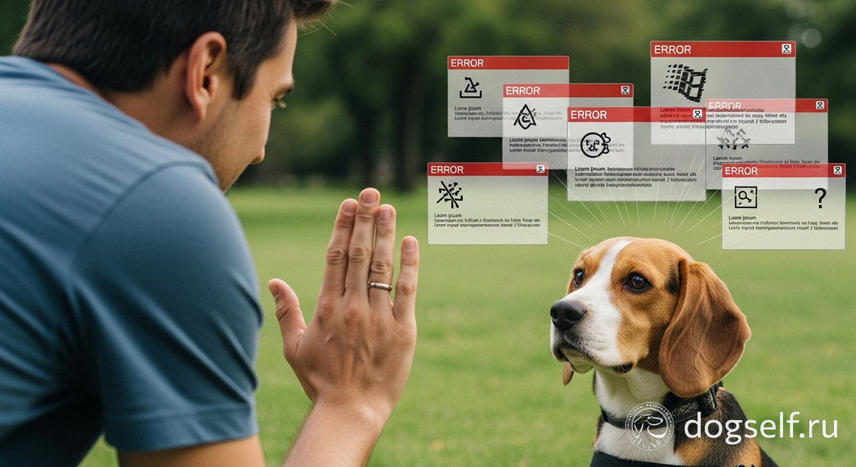 Концептуальная иллюстрация о дрессировке собак: у бигля вокруг головы «глючат» окна с ошибками, метафора бесполезности команд без базового воспитания («операционной системы»). Фото: DogSelf.