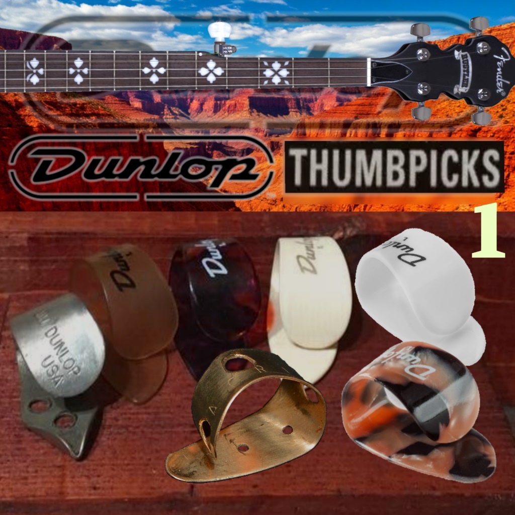Dunlop Thumbpicks: Nickel Silver, Ultex, Shell, Ivroid, White, Calico, Acri Brass