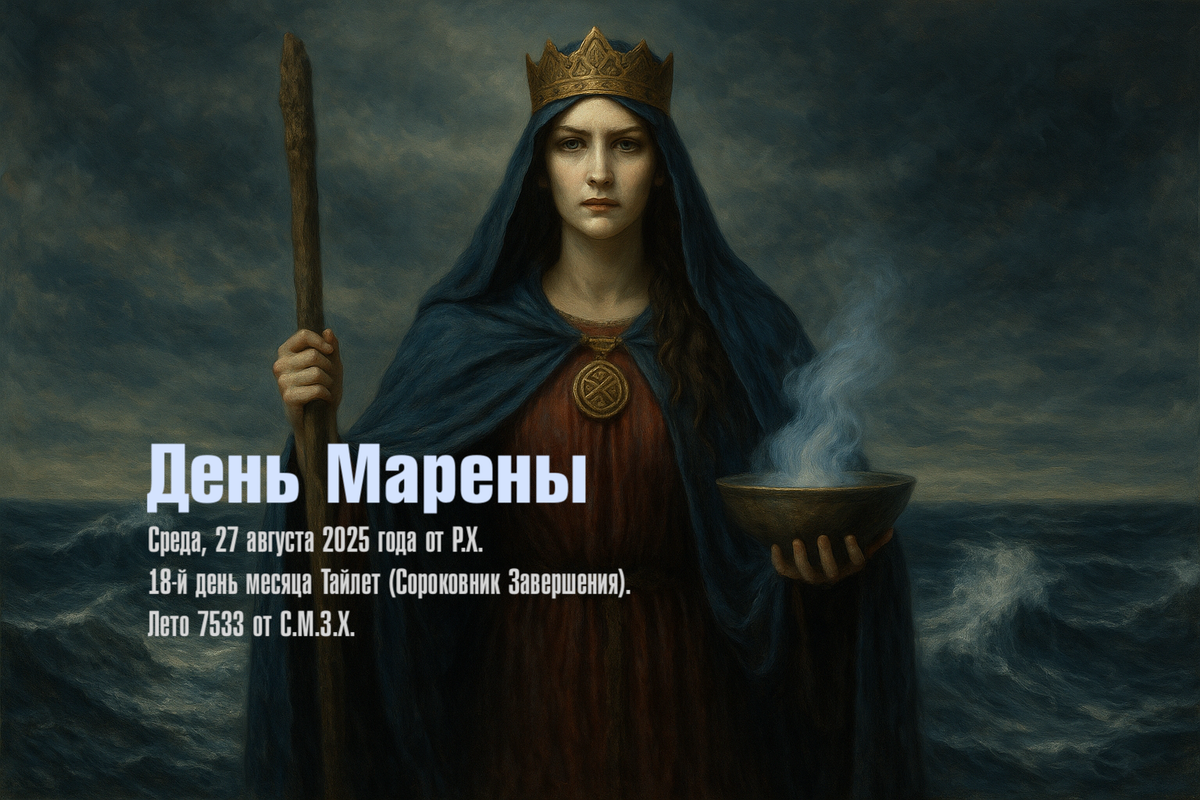 Марена предстаёт как строгая женщина в тёмных одеждах. В её руках чаша воды, в которой растворяются старые образы, а на её пути падают увядшие листья.