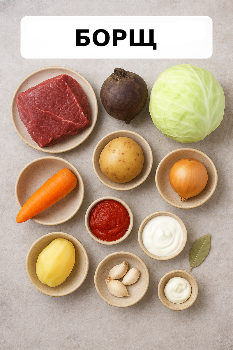 Ингредиенты: говядина, капуста, морковь, картофель, лук, томатная паста, чеснок, сметана, лавровый лист
