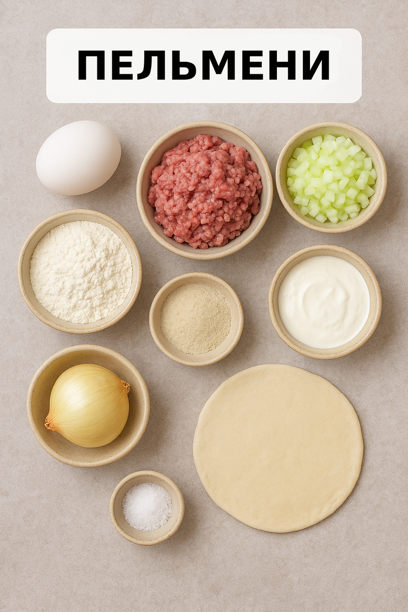 Ингредиенты: говяжий фарш, мука, вода, тесто, соль, лук, сметана
