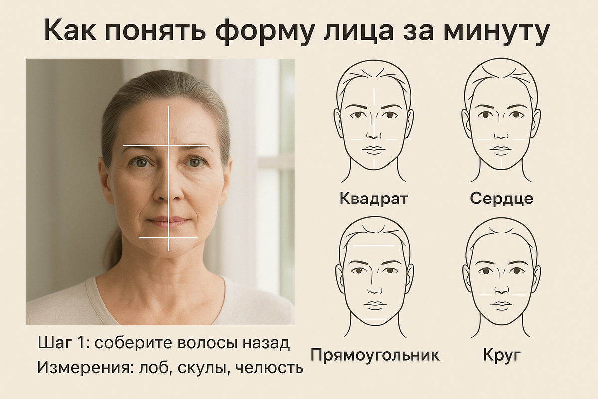 Соберите волосы назад и сравните ширину лба, скул и челюсти. На схеме показаны ориентиры, которые помогают быстро отличить квадрат, сердце, прямоугольник и круг.