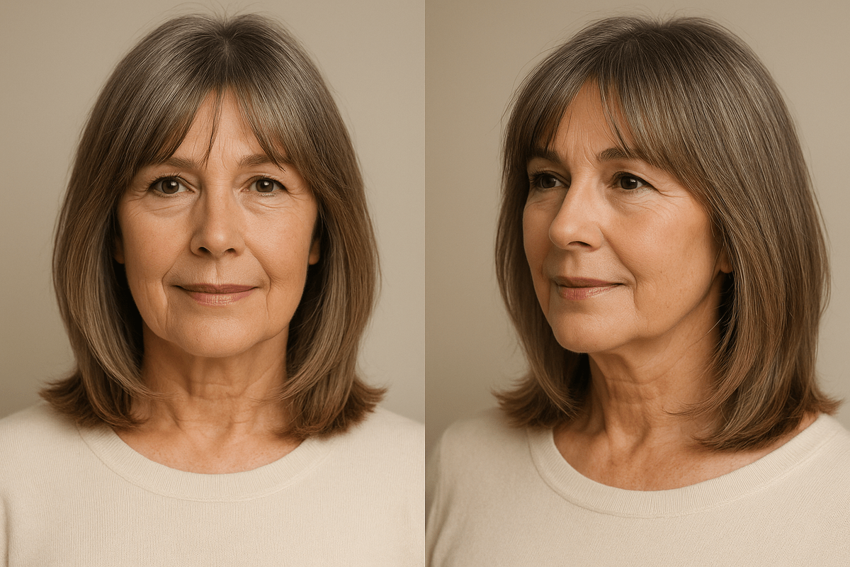 Мягкая длина вытягивает шею, а челка-шторка делает взгляд открытым и мягким. Универсально для круга, квадрата, сердца и прямоугольника.