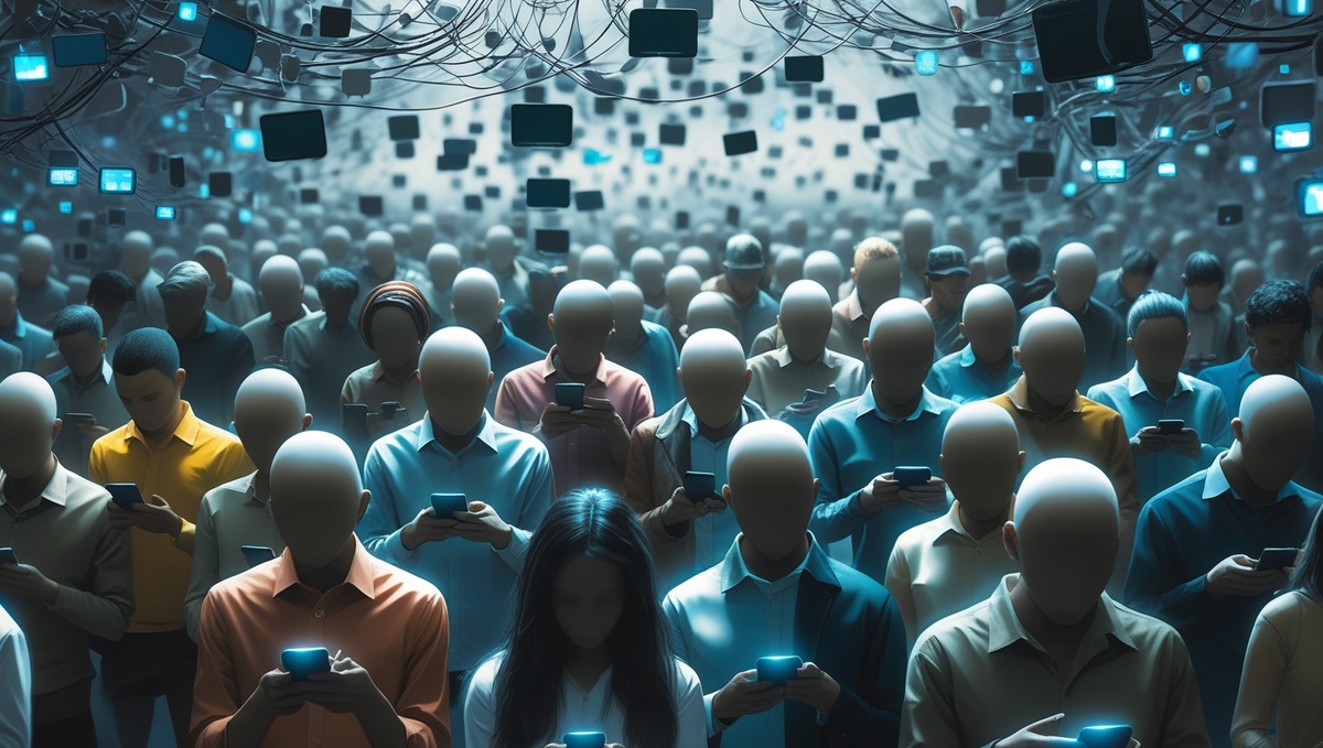 Толпа, поглощённая экранами: символ давления соцсетей и сравнения с другими.