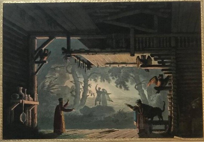 Эскиз декорации "Аскольдовой могилы" К. О. Брауна: изба Вахрамеевны (Москва, Большой Петровский театр, 1835 год)