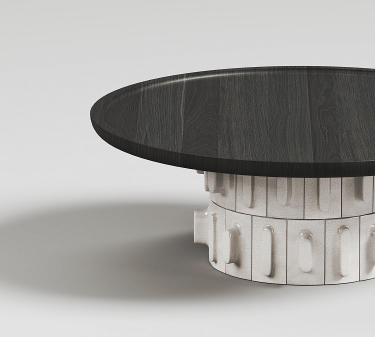 Стол Avilum, Арсений Каринский для Modenature. Керамические плитки покрыты белой глазурью с кракелюрами.