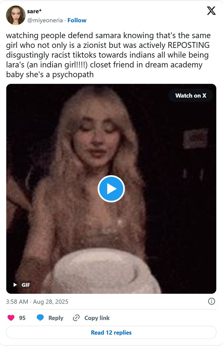    Наблюдать, как люди защищают Самару, зная, что это та же самая девушка, которая не только является сионисткой, но и активно РЕПОСТИЛА отвратительно расистские тиктоки против индийцев, при этом оставаясь близкой подругой Лары (индийской девушки!!!!) в Dream Academy — детка, она психопатка.