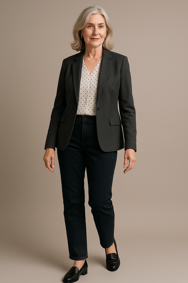 Блуза экрю с микрогорохом и графитовый жакет дают мягкий контраст и аккуратную вертикаль.