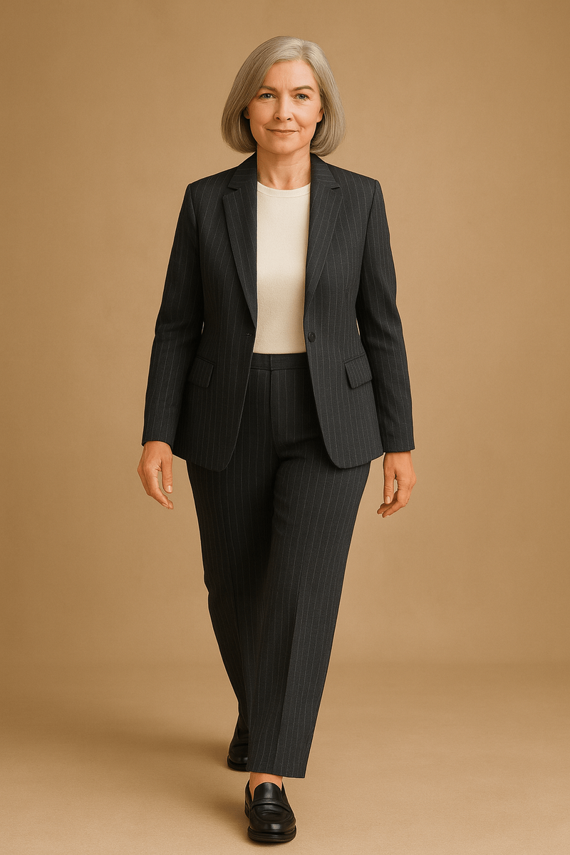 Костюм с частой тонкой полоской вытягивает силуэт, молочный джемпер добавляет света и спокойствия.