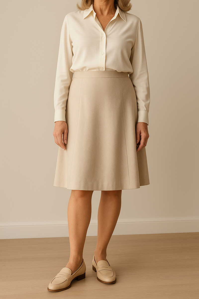 Нюд 8–15 den тон-в-тон к коже, матовый эффект «ровной ноги» со светлой миди-юбкой и молочной блузой. Днём выглядит невидимо и аккуратно.