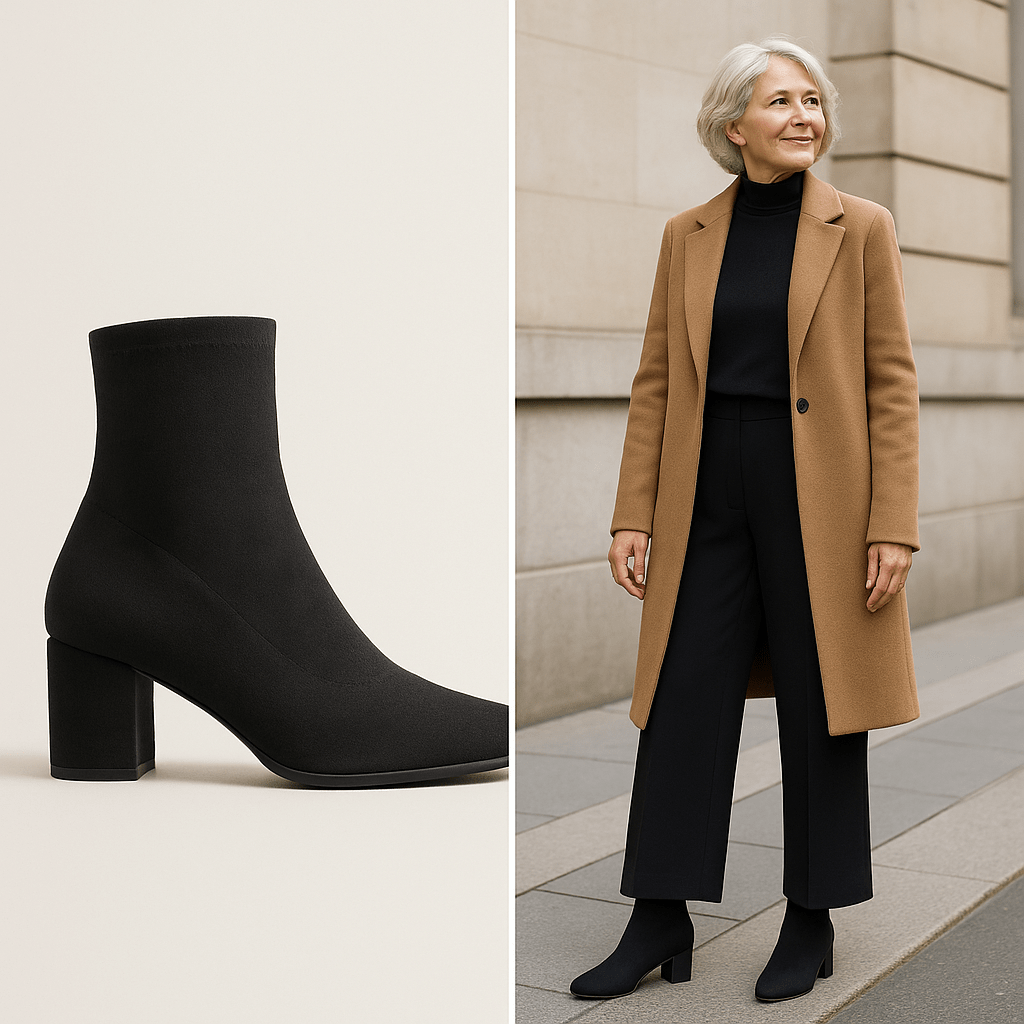 Стрейч-ботильоны «чулок»: чёрный матовый трикотаж плотно облегает щиколотку, блочный каблук средней высоты; сочетайте с прямыми брюками или лёгким клёшем в пол и пальто цвета верблюжьей шерсти, линия от стопы к икре идёт непрерывно.