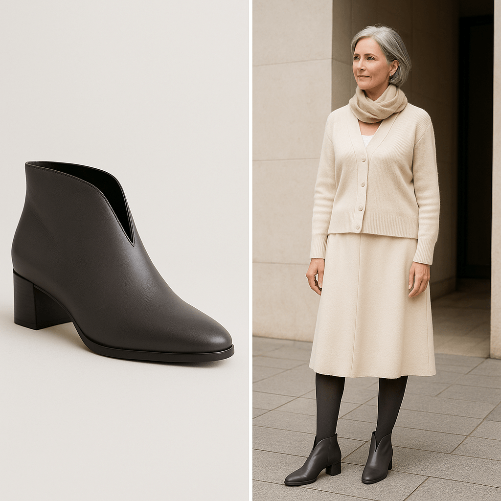 Ботильоны с V-вырезом: матовая графитовая кожа, миндальный нос, устойчивый каблук около 4 см; носите с кремовым миди и тёмными колготками в тон обуви или с прямыми джинсами полной длины, вертикаль читается чисто и нога выглядит длиннее.