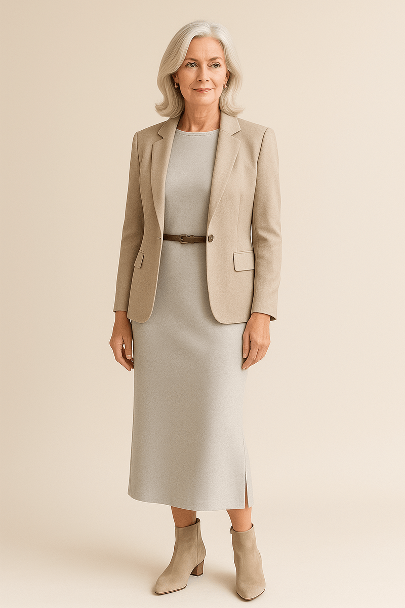 Прямое платье-«колонна» из милано-джерси или ponte (плотность от ~300 г/м²), длина до середины икры, с небольшими боковыми разрезами 15–20 см.