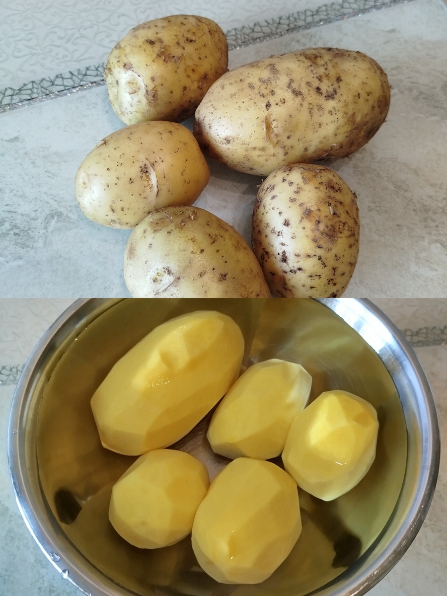  Для одной порции возьмите 3 картофелины. На фото у меня 5 больших картошин для меня и двух детей. 