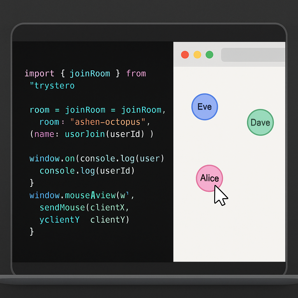 Trystero делает из любого сайта многопользовательский — достаточно нескольких строк кода. Через WebRTC-матчмейкинг пользователи могут видеть курсоры друг друга, обмениваться действиями и даже файлами в реальном времени, без выделенного сервера.