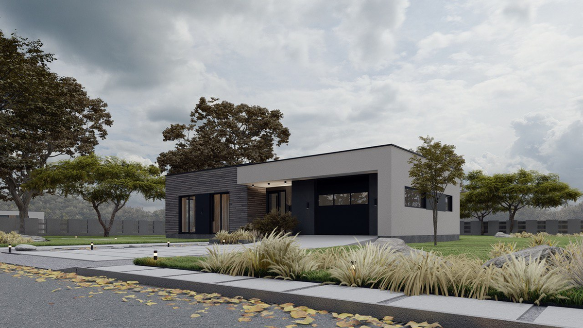 Проект дома 565. Дом с плоской кровлей в 1 этаж с гаражом. Общая площадь 160 кв.м.