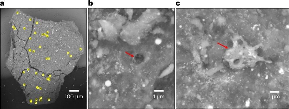   Снимок одного из образцов пород Бенну, сделанный с помощью электронного микроскопа. Желтыми квадратами отмечены микрократеры. На втором снимке красной стрелкой указан типичный микрократер. На третьем — порода, расплавленная ударом микрометеорита / © Keller et al. 2025. Nature Geoscience