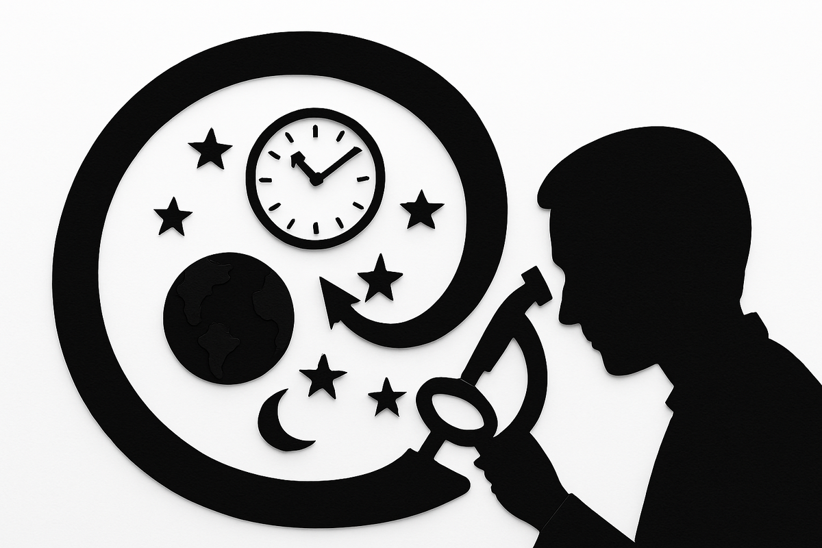 Учёный всматривается в спираль времени, где прошлое и будущее переплетаются в символах космоса.