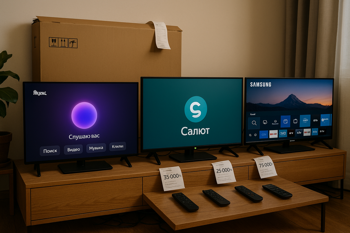 Три умных телевизора — Яндекс ТВ, Sber и Samsung — рядом в гостиной, включены, с пультами и чеками