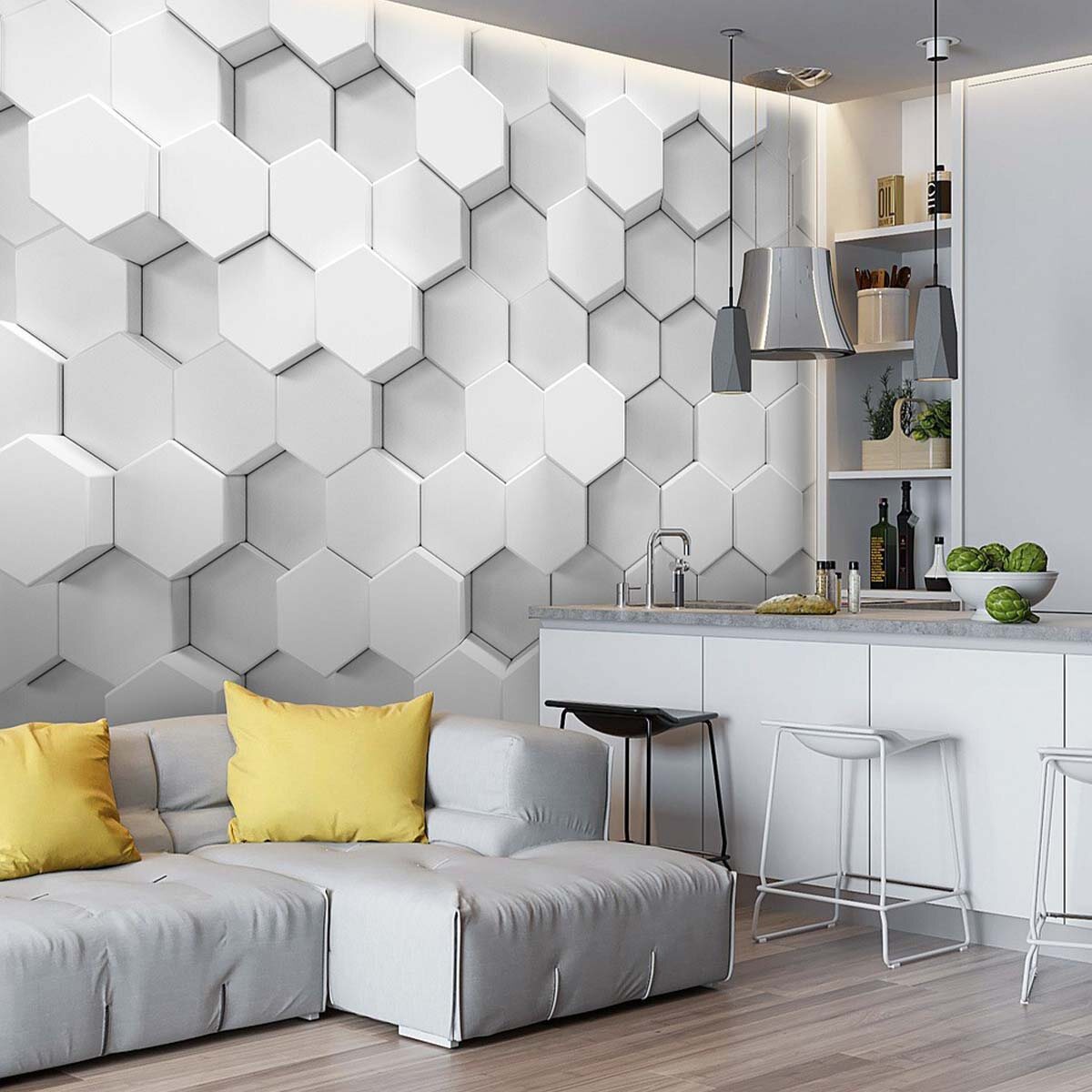 Пример оформления интерьера яркими подушками. Отделка стен - флизелиновые фотообои VEROL. Артикул на WB: 160878340.