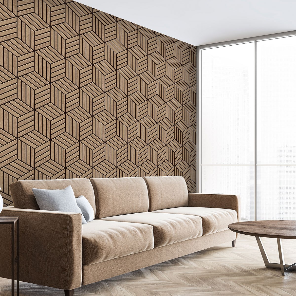 Пример отделки пола ламинатом под паркетную доску. Отделка стен - флизелиновые фотообои VEROL. Артикул на WB: 252933785.