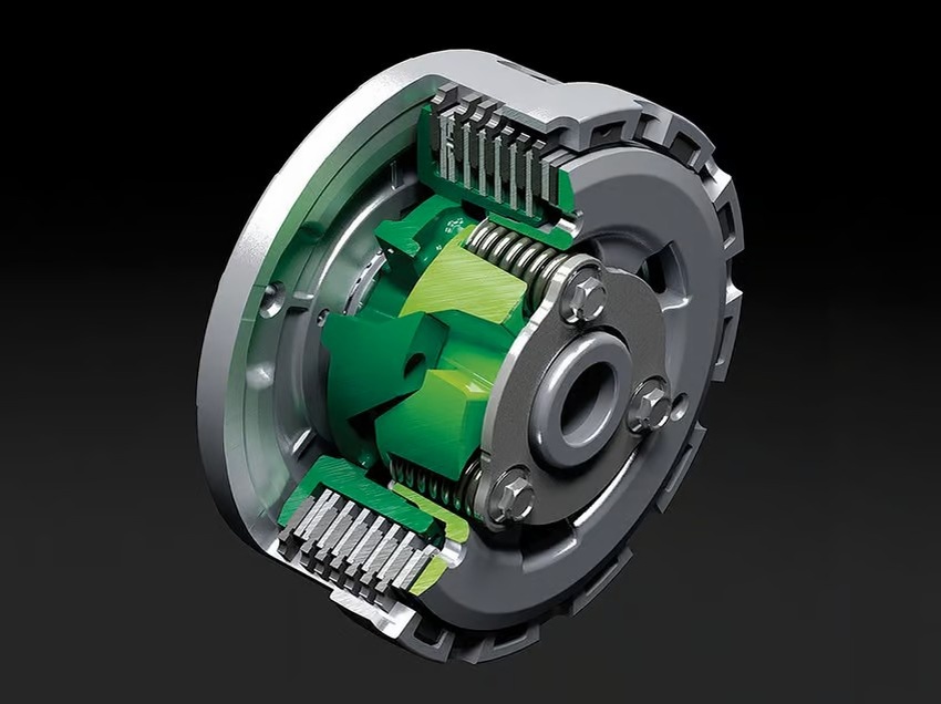 Ещё пятнадцать лет назад такие механизмы ставили исключительно на спортбайки. Сегодня же они стали привычным явлением: система автоматически смягчает рывки при понижении передач, регулируя взаимодействие коленвала и коробки. На схеме зелёным выделены направляющие поверхности, отвечающие за этот процесс