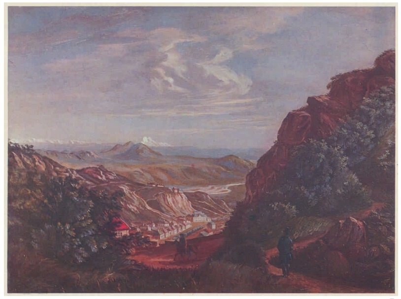 Лермонтов, Михаил Юрьевич (1814-1841). Вид Пятигорска. 1837 г. Весной и летом 1837 года Лермонтов проходил курс лечения в Пятигорске, Кисловодске и Железноводске. Удивительная природа запечатлена поэтом на картине «Вид Пятигорска». Кроме того, кавказские пейзажи воссоздаются Лермонтовым в повести "Княжна Мэри" .