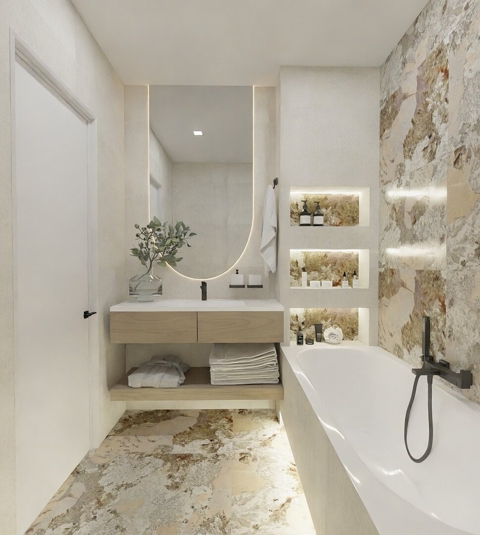 Дизайн ванной комнаты с плиткой под мрамор