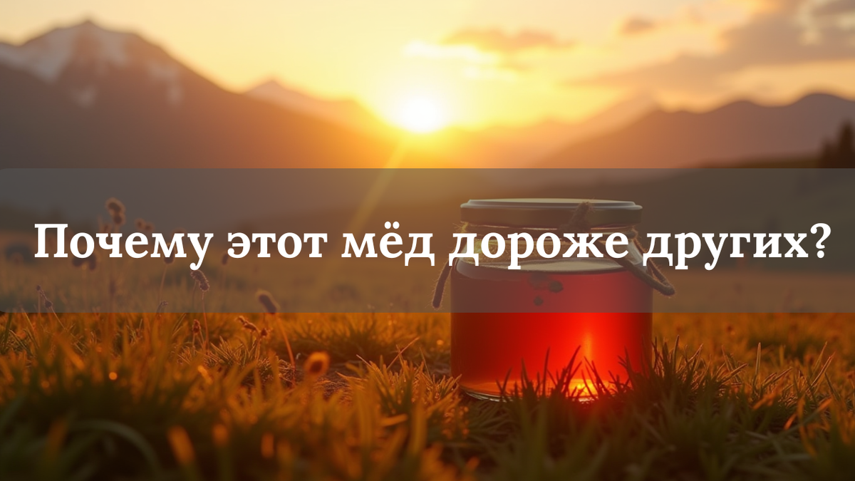 Банка тёмного горного мёда Алтая на деревянном столе, на фоне зелёных горных лугов в лучах заката