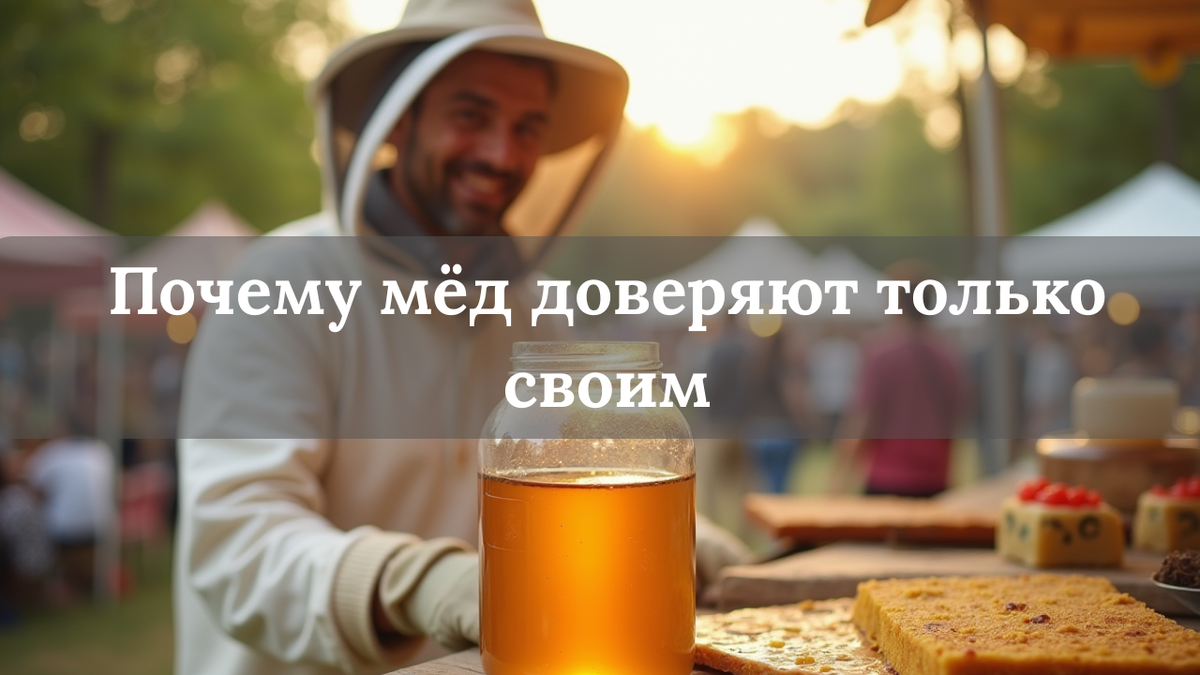 Банка натурального мёда и деревянная ложка на ярмарке рядом с пасечником, фон — прилавок с банками мёда