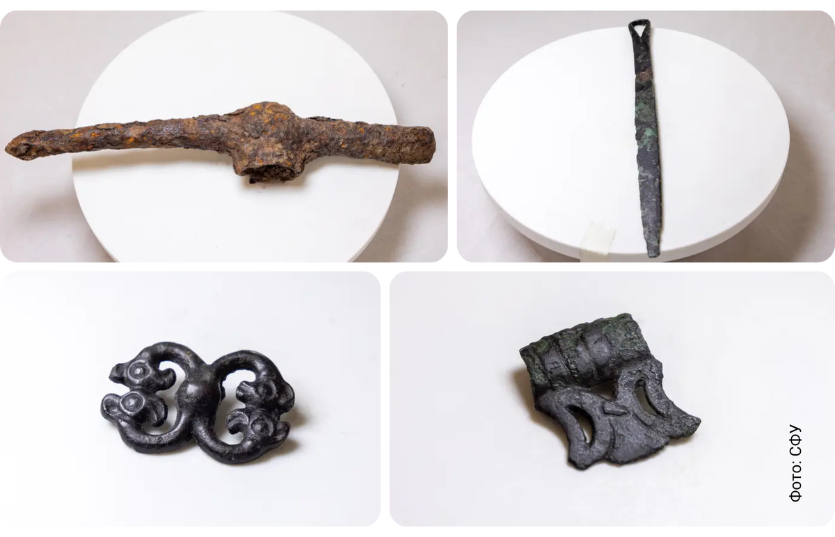    Среди находок были обнаружены разнообразные элементы военного снаряжения, включая крупный железный чекан, используемый в бою, бронзовое зеркало с креплениями для кожаных ремешков, набор ножей различного назначения, а также декоративные бронзовые накладки и пряжка от наборного пояса, подчеркивающие высокое положение владельца.