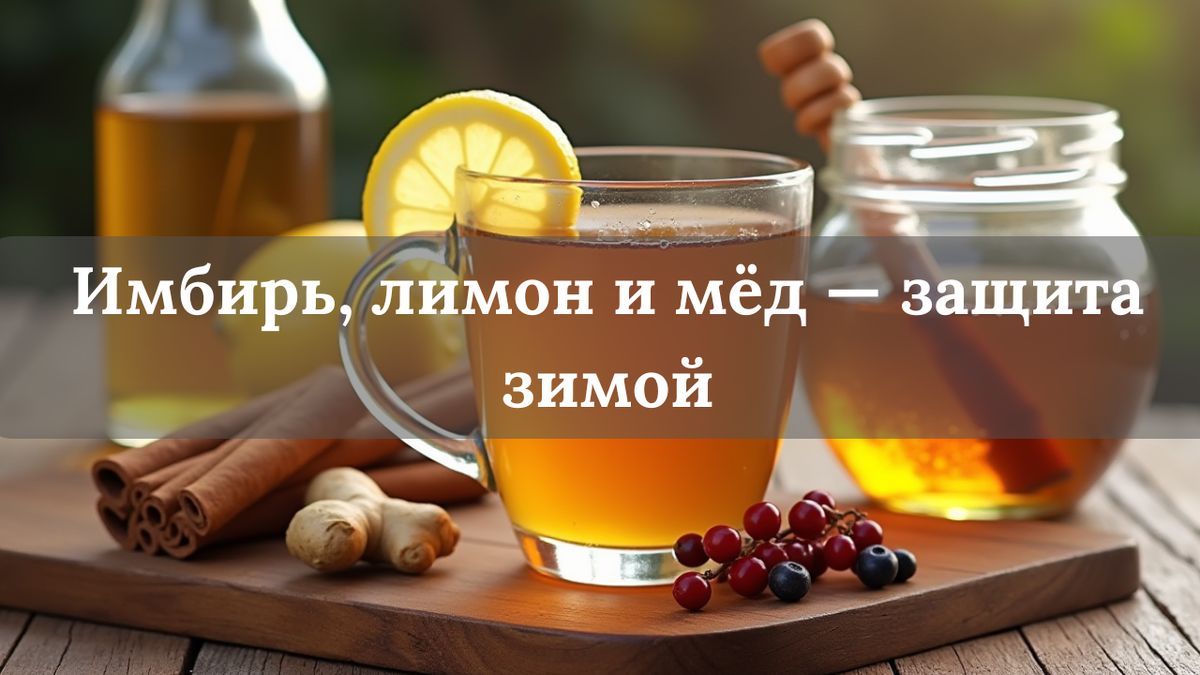 Стакан тёплого чая с лимоном, рядом баночка мёда, имбирь и корица на деревянном столе — зимний рецепт для здоровья