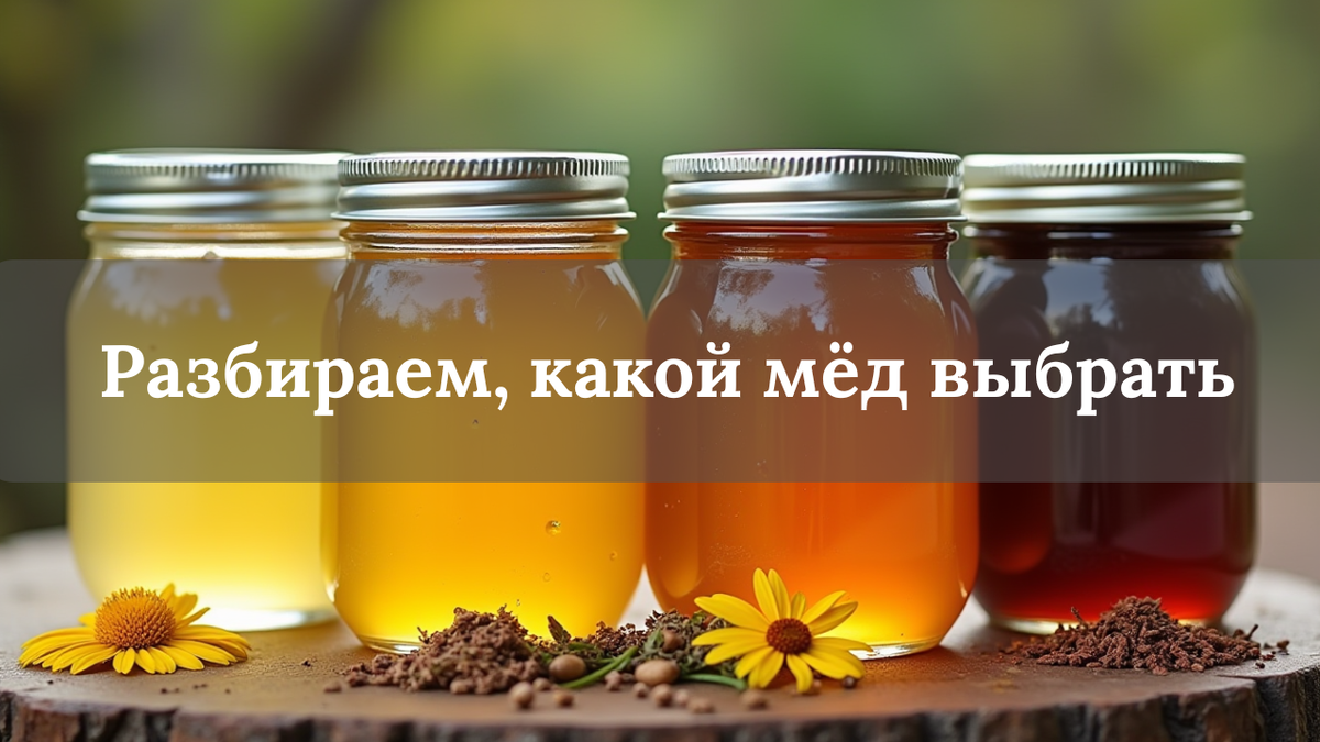 Разные баночки с мёдом от светлого до тёмного, рядом цветы липы, гречиха, разнотравье и таёжные травы