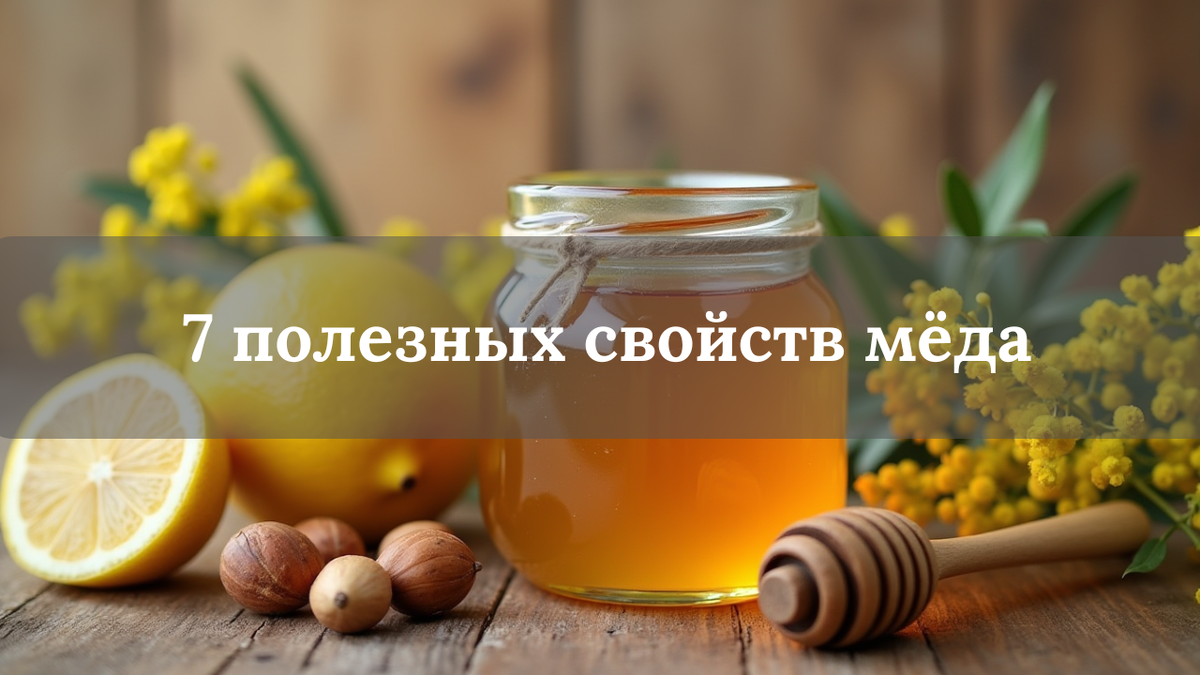 Банка мёда с деревянной ложкой, рядом лимон и орехи на столе — символ полезных свойств мёда для здоровья