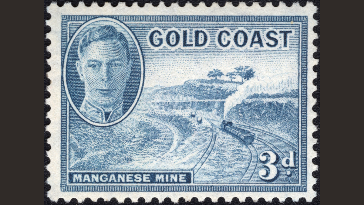 1. Золотой Берег, 1948 год, № 125. Король Георг VI (1895-1952), марганцевый рудник, поезд и железнодорожные пути. Национальные мотивы. В галерее полная серия (нажмите правую стрелку).