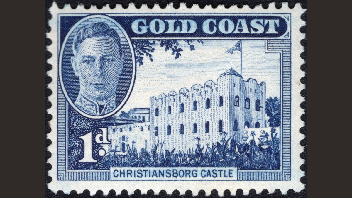 1.2. Золотой Берег, 1948 год, № 121. Король Георг VI (1895-1952), крепость Христиансборг. Национальные мотивы.