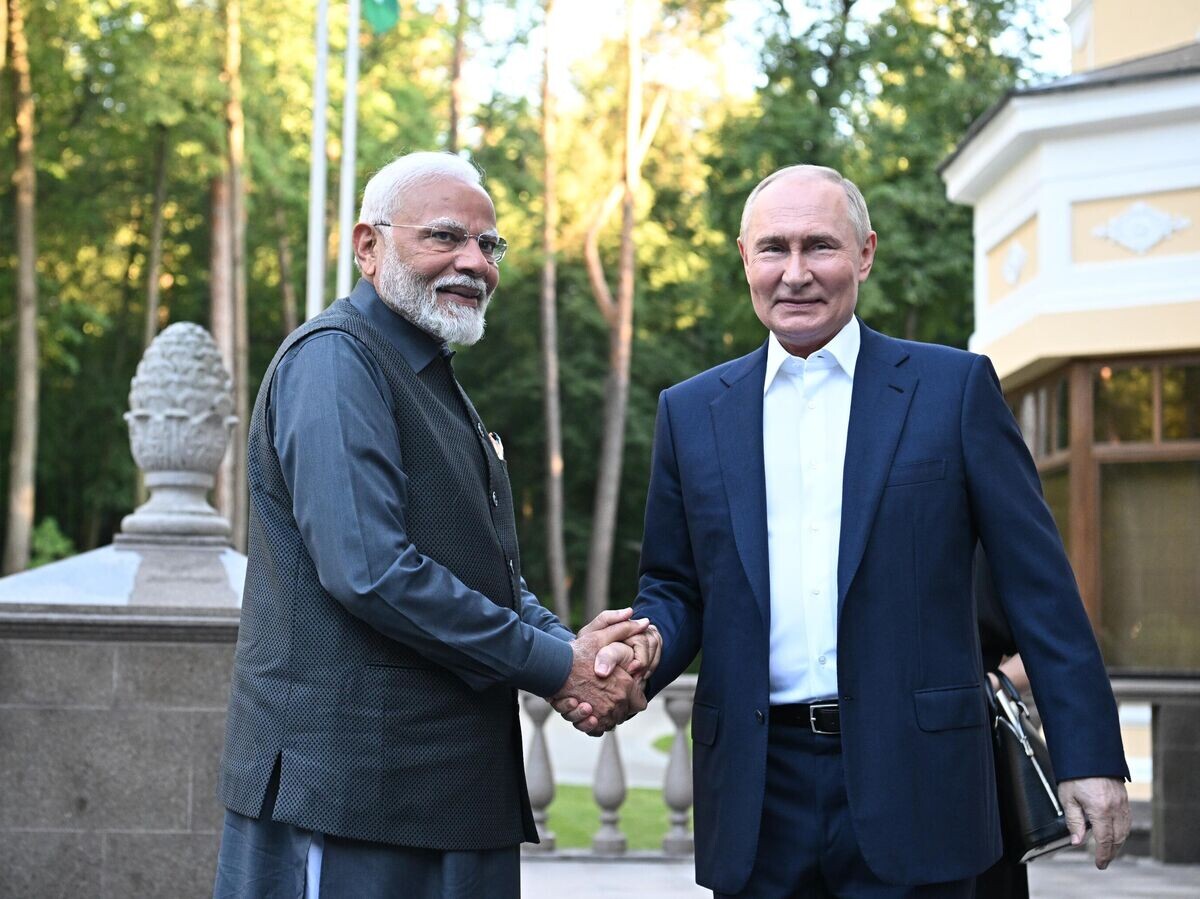    Президент РФ Владимир Путин и премьер-министр Индии Нарендра Моди во время встречи© РИА Новости / Сергей Бобылев