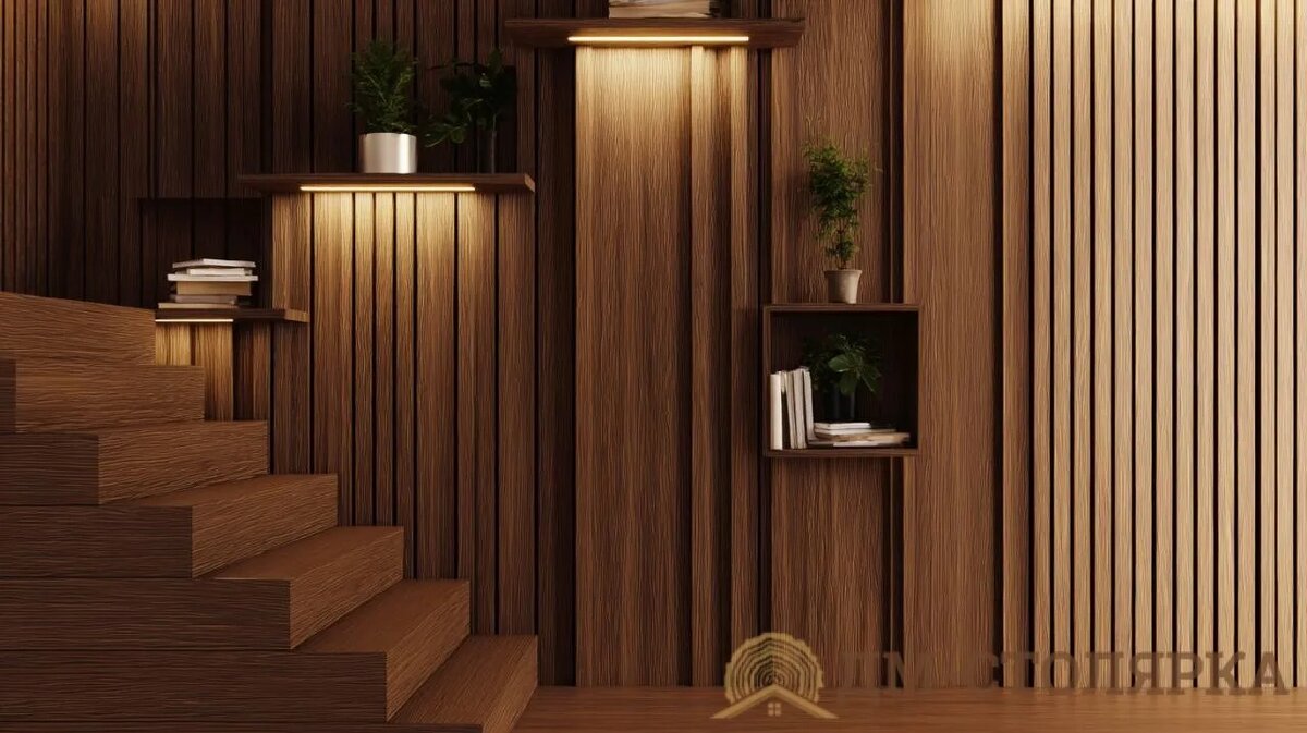 Как оформить стены у лестницы деревом: крутые идеи без пафоса