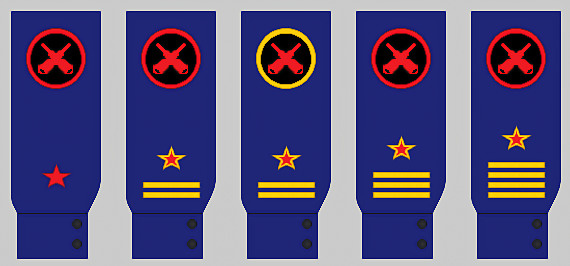 На рисунке: Краснофлотец, Командир отделения, Командир отделения сверхсрочной службы; Старшина группы, Главный боцман.