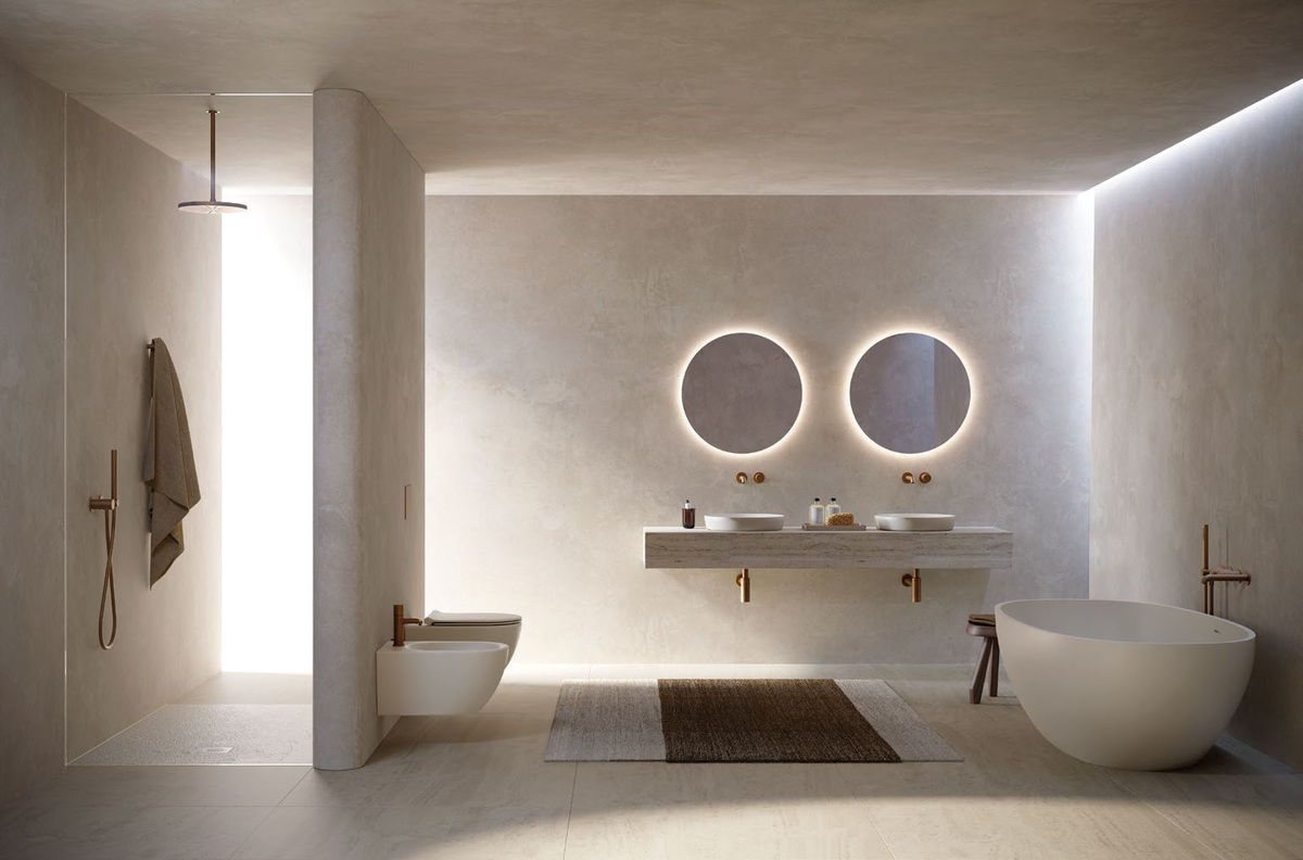 Фабрика Catalano, коллекция Tonalita, оттенок Lino: душевой поддон H3 Solid 100x160, унитаз и биде Sfera 55х35, раковины Sfera Ø45, ванна из Solidtech 176×91 h52