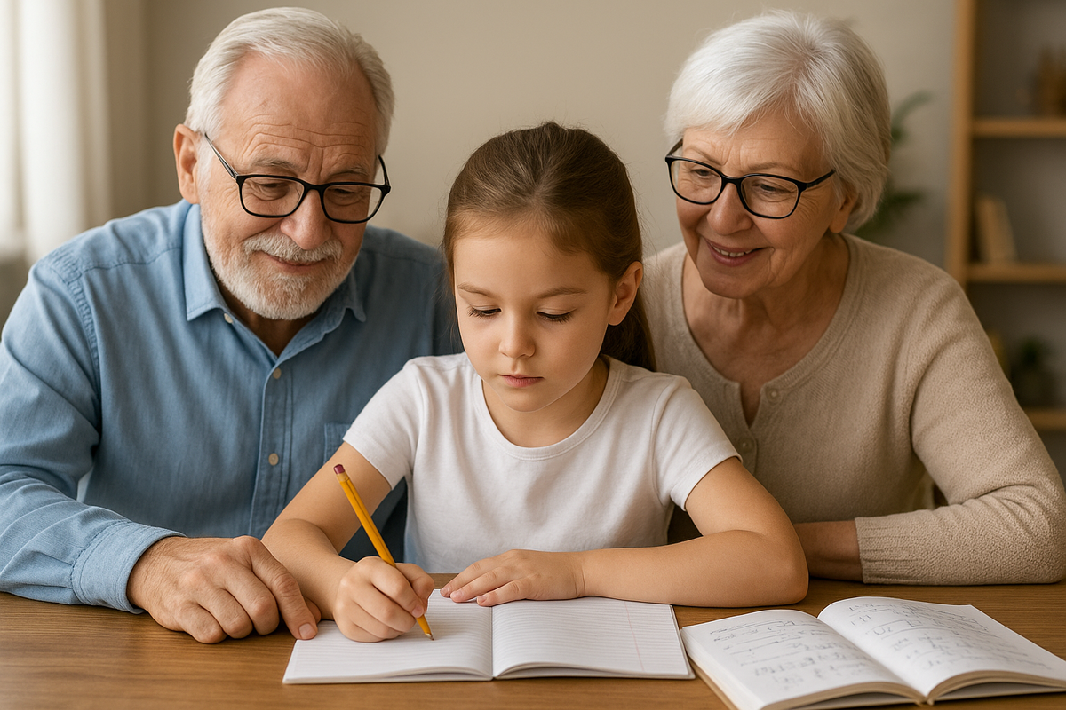 дедушка учит внучку математике