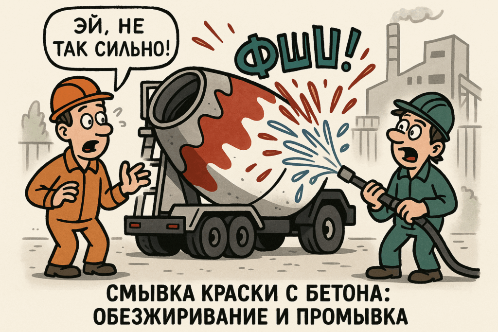    На фото показан процесс удаления краски с бетонной поверхности с помощью специализированных средств.