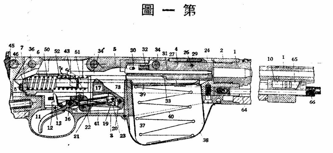 Чертёж из японского патента винтовки Ватанабэ. Затвор в запертом положение.
