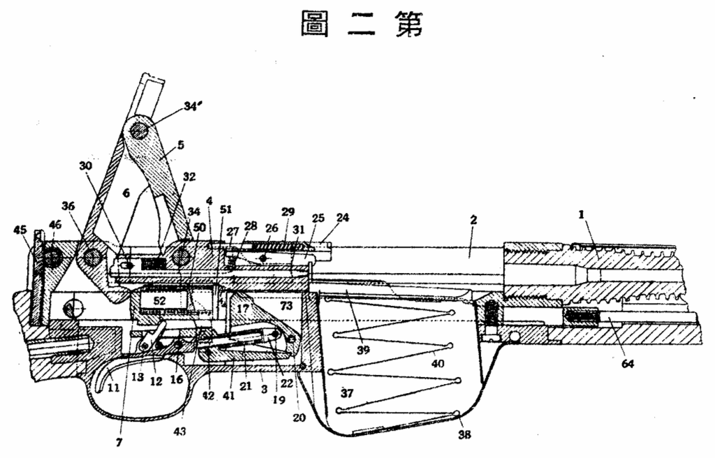 Чертёж из японского патента винтовки Ватанабэ. Затвор в открытом положение.