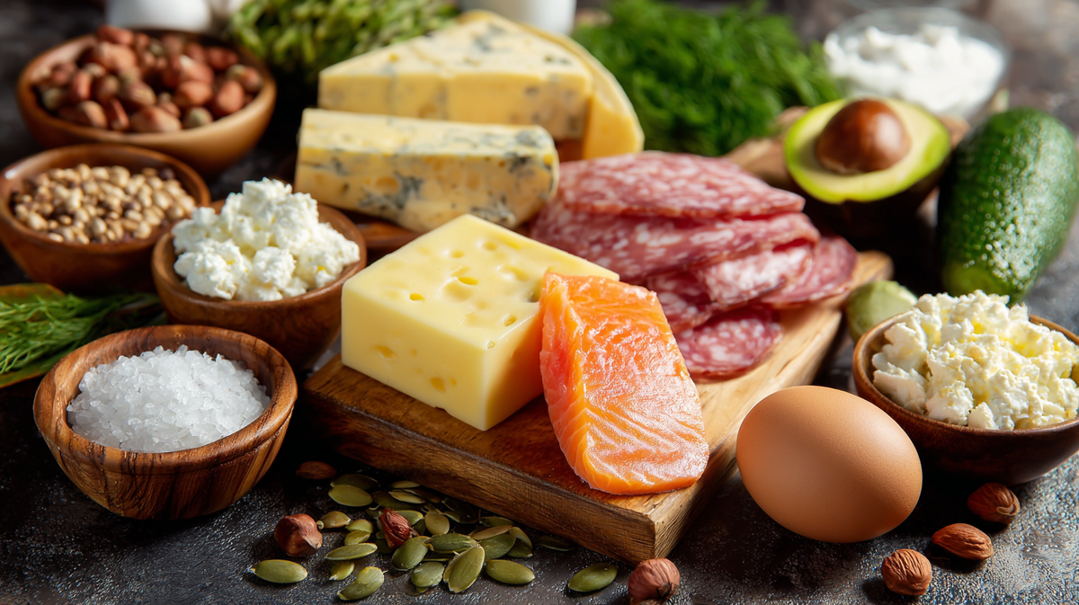 Тарелка с кето-продуктами: мясо, авокадо, орехи и сыр