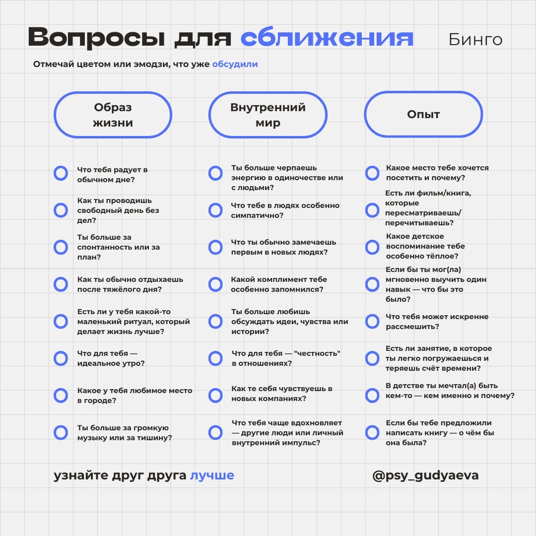 24 вопроса для сближения • Сохраняйте себе!
