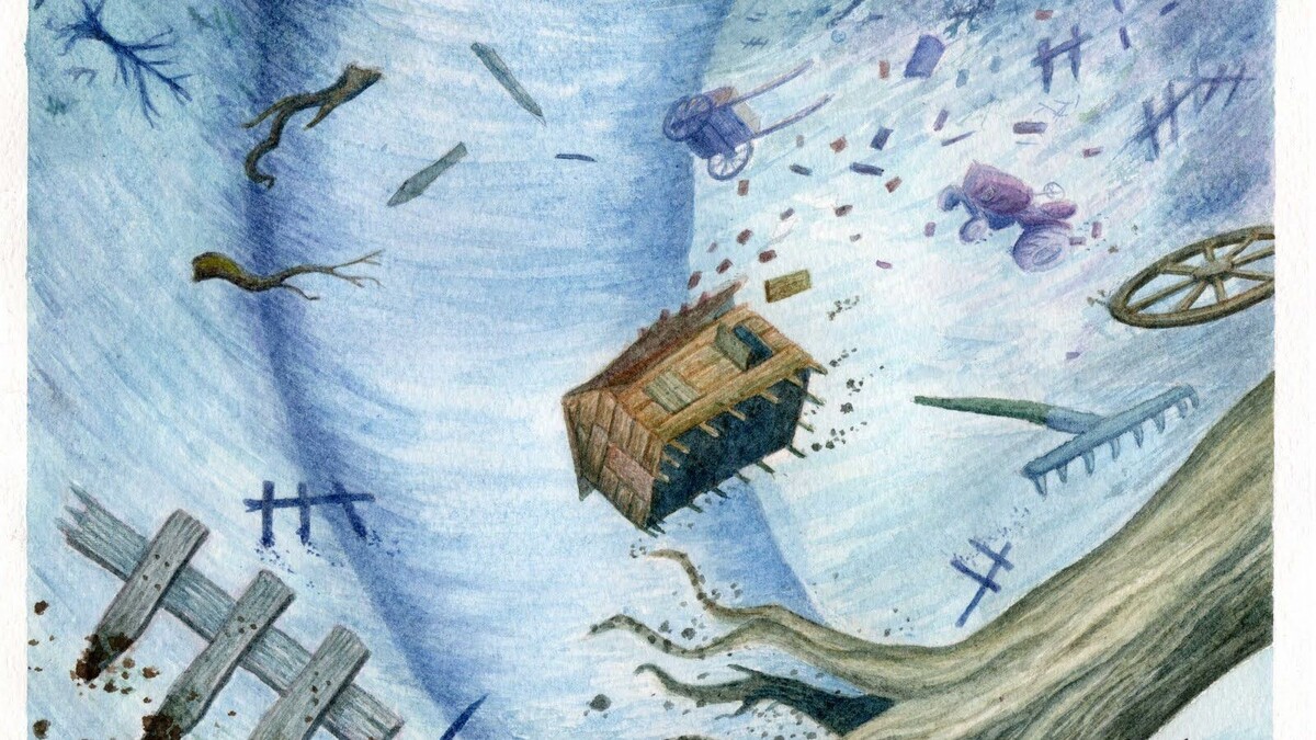 Ураган поднимает маленький дом Элли над равнинами Канзаса, унося его в Волшебную страну. Эта сцена открывает удивительное путешествие героини в Изумрудный город