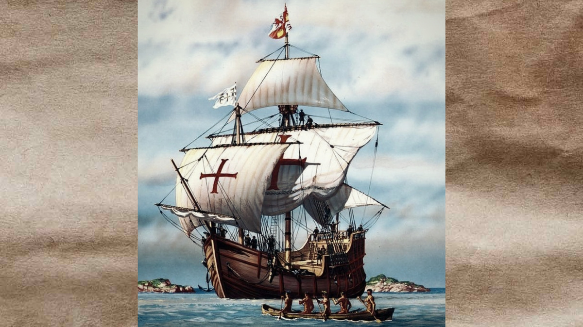 Действительных изображений "Санта-Марии" у нас не осталось, но есть множественные реконструкции по описаниям. Каким-то таким был один из первых парусников у берегов Америки.